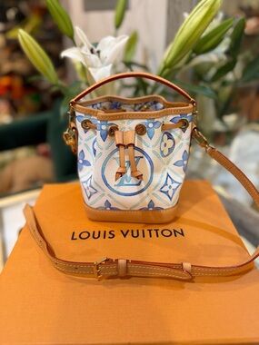 Louis Vuitton Nano Noe Blue & Tan Monogram Mini Bucket Bag